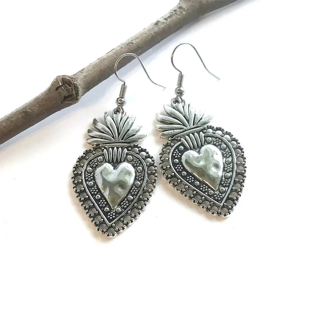 Mexican Sacred Heart Earrings, Milagro Dangle, Large and Silver Plated Charm, Gifts for Women