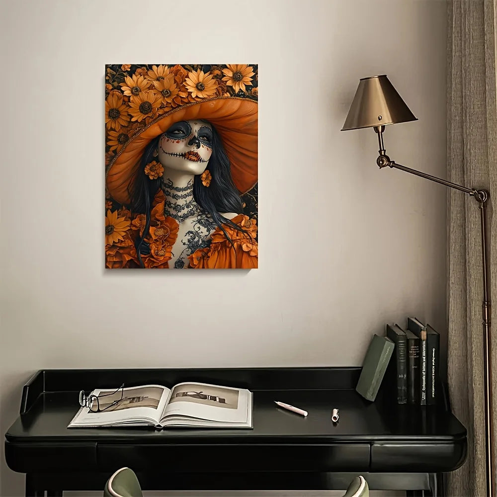 La Calavera Catrina Canvas Wall Art - Vibrant Orange Floral Sugar Skull Dia de los Muertos Decor for Home Bar Office