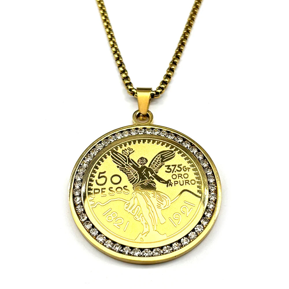 1921 Mexican 50 Pesos Rhinestones Pendant Necklace for Men Women Stainless Steel Gold Color Winged Victory Chain Amulet Jewelry
