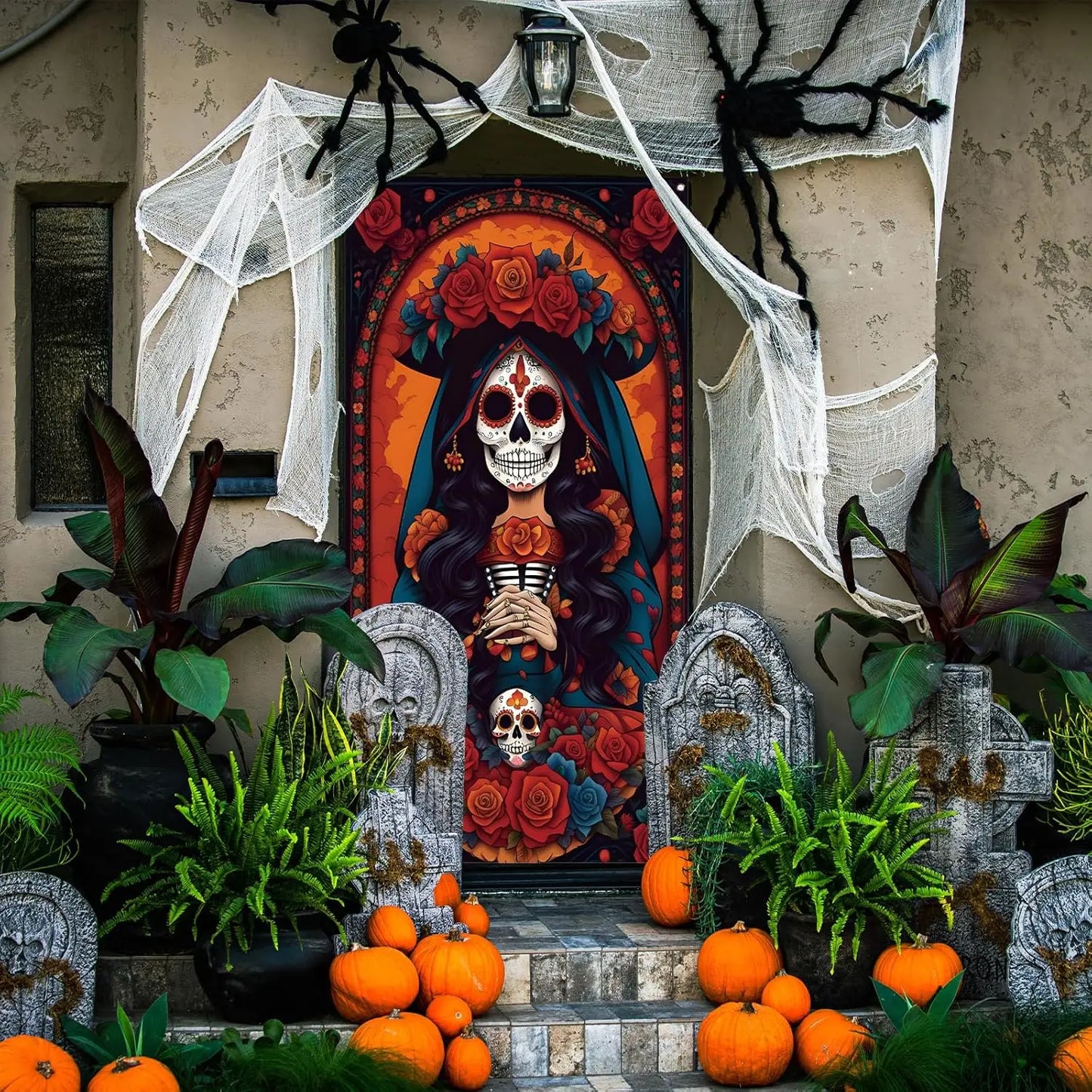 Day of The Dead Door Cover Dia De Los Muertos Backdrop Sugar Skull Rose Altar Mexican Fiesta Party Decorations and Supplies for