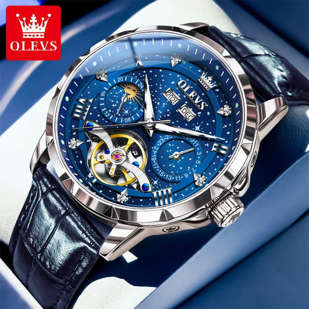 OLEVS 6690 Luxury Men Mechanical Watch Fully Automatic Watch Men's Brand Starry Sky Flywheel Moon Phase Hollow Men Formal Watch
