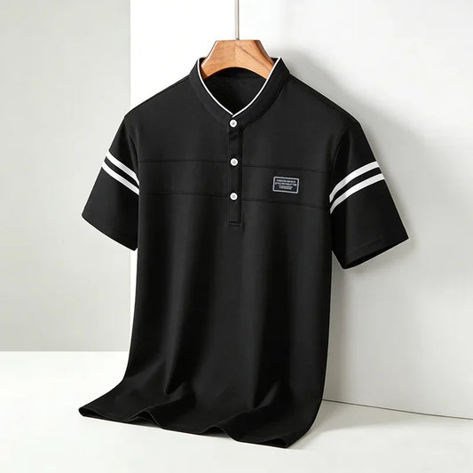 2026 Men's Mandarin Collar Polo Shirt Contrast Striped Short Sleeve Slim Fit Casual Daily Top