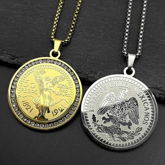 1921 Mexican 50 Pesos Rhinestones Pendant Necklace for Men Women Stainless Steel Gold Color Winged Victory Chain Amulet Jewelry