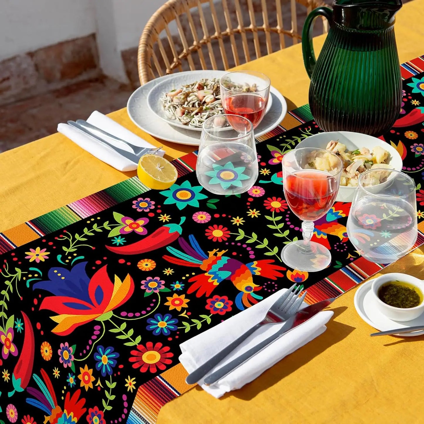 Mexican Fiesta Linen Table Runner Decorations Inco De Mayo Dia De Los Muertos Farmhouse Kitchen Dining Table Runner Party Decor