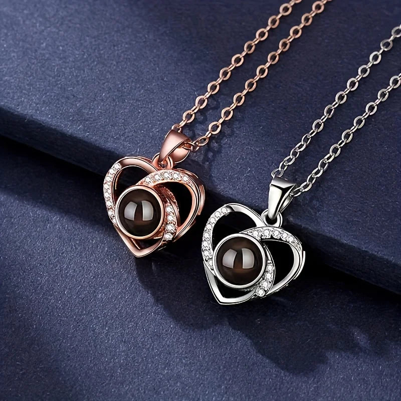 Mother's Day Gifts Projection Necklace with Luxury Rose Flower Gift Box 100 Languages I Love You Pendant Necklaces for Women