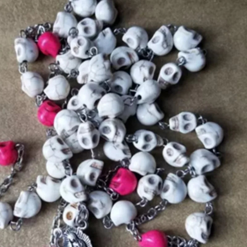 Dia de Los Muertos rosary, Howlite skulls, Guadalupe center, ornate crucifix, Catholic rosary, five decade rosary, stainless ste