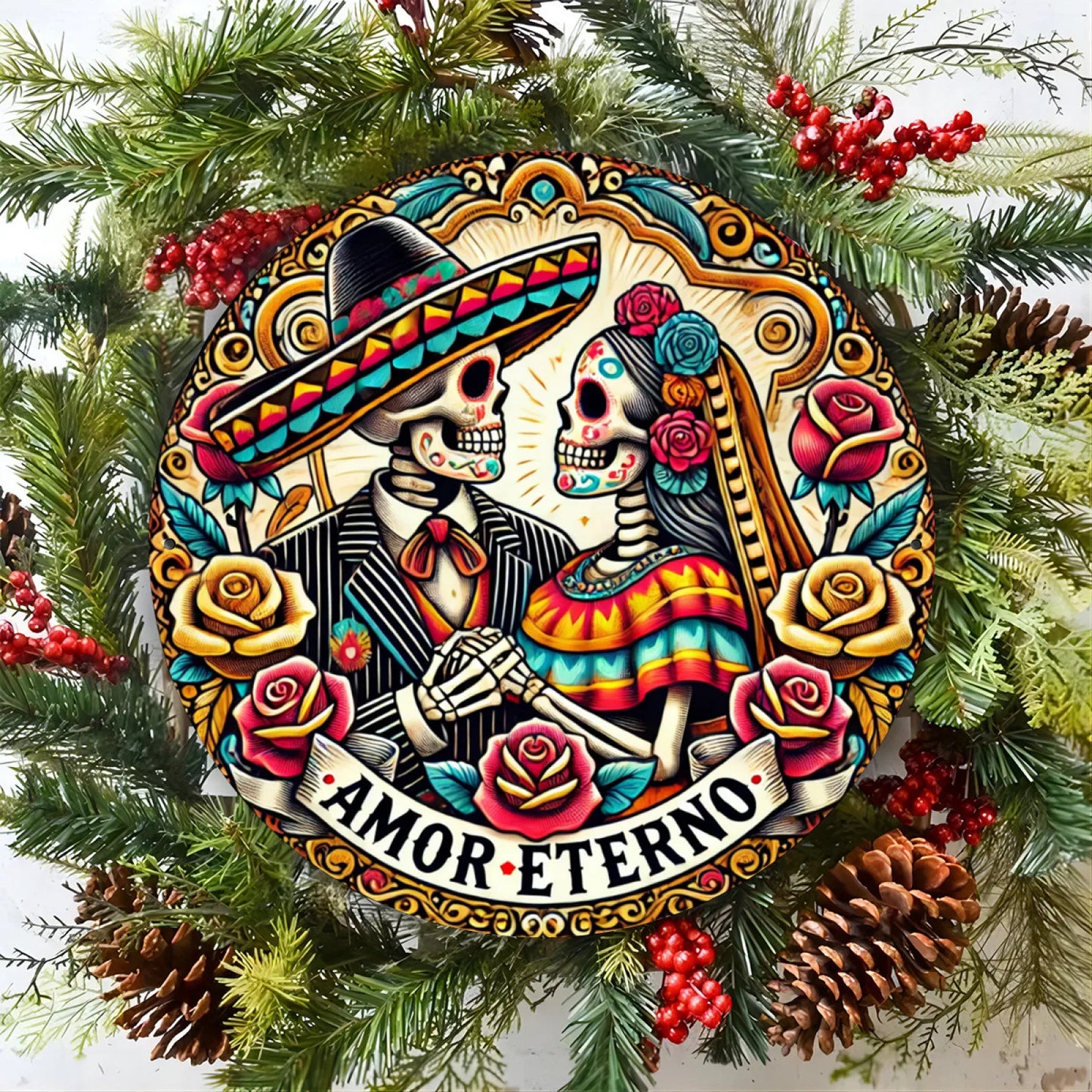 Dia de los Muertos Aluminum Wall Art, Eternal Affection Skeleton Couple Wreath, Round Metal Sign Decor, Festive Engraving