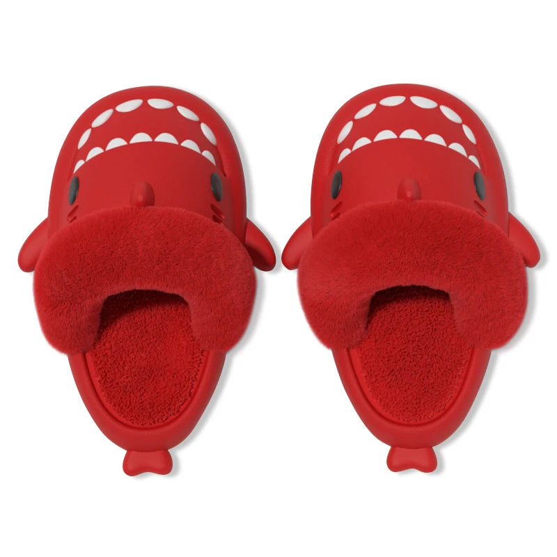 Comwarm Plush Shark Slippers For Women Men Winter Warm Cartoon Cotton Slippers Couple Non-Slip Waterproof Outdoor Home Shoes