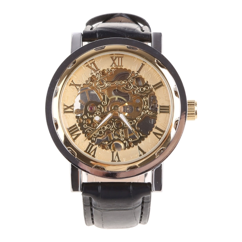 Mens Mechanical Watch Black Leather Gold Skeleton Sport Wristwatch Cool Relogio