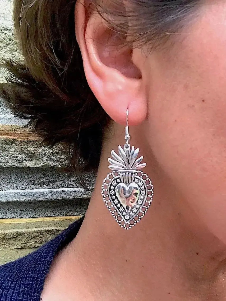 Mexican Sacred Heart Earrings, Milagro Dangle, Large and Silver Plated Charm, Gifts for Women