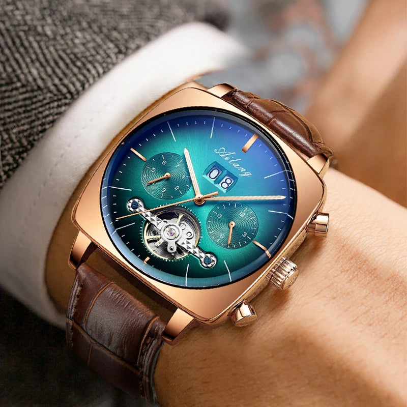Ailang Men's automatic mechanical watch square case hollow waterproof luminous calendar multi-functional fashion wristwatch