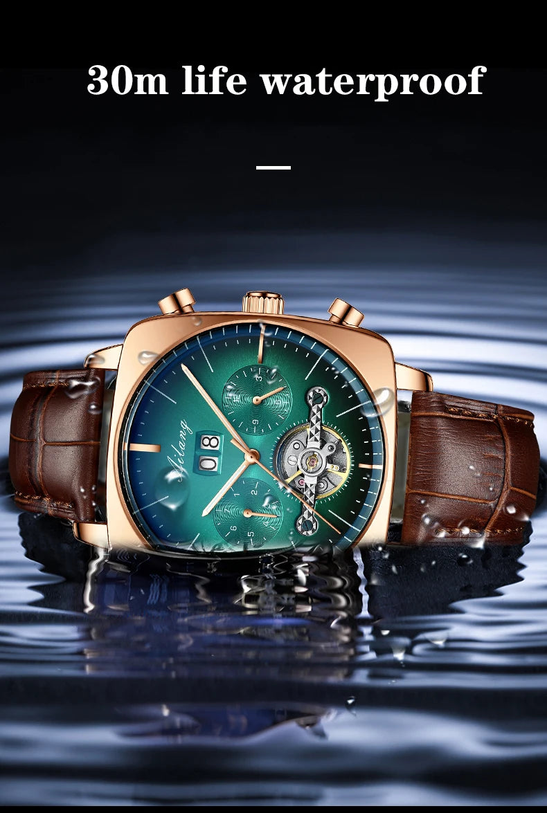 Ailang Men's automatic mechanical watch square case hollow waterproof luminous calendar multi-functional fashion wristwatch