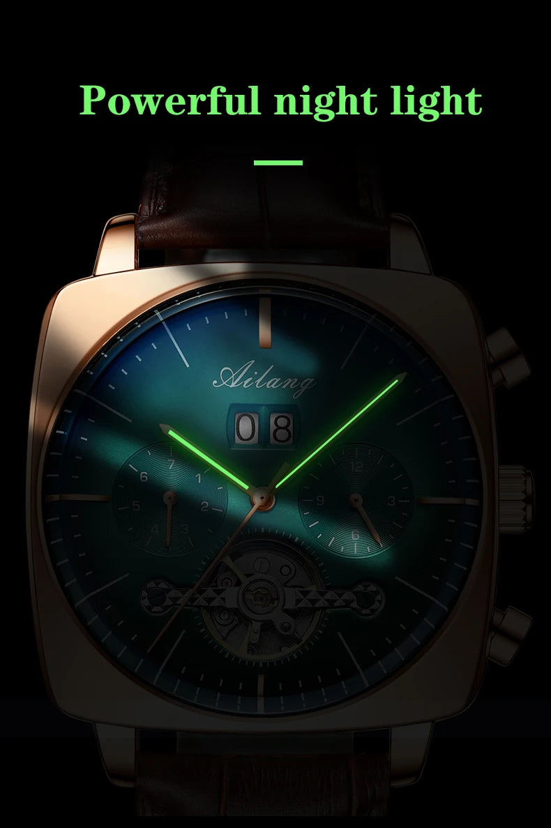 Ailang Men's automatic mechanical watch square case hollow waterproof luminous calendar multi-functional fashion wristwatch