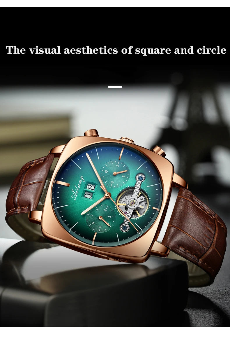 Ailang Men's automatic mechanical watch square case hollow waterproof luminous calendar multi-functional fashion wristwatch