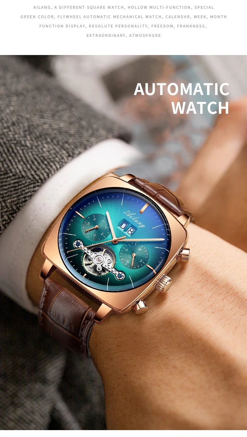 Ailang Men's automatic mechanical watch square case hollow waterproof luminous calendar multi-functional fashion wristwatch