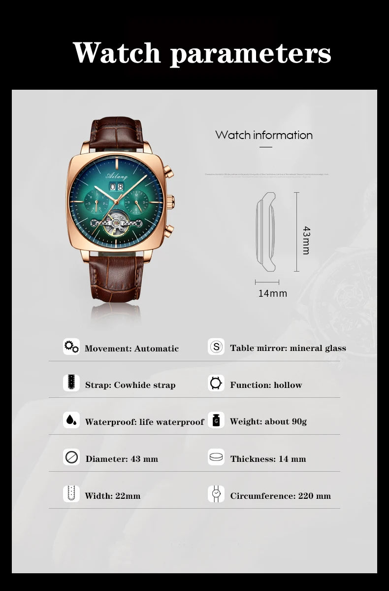 Ailang Men's automatic mechanical watch square case hollow waterproof luminous calendar multi-functional fashion wristwatch