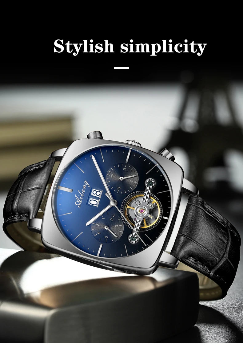 Ailang Men's automatic mechanical watch square case hollow waterproof luminous calendar multi-functional fashion wristwatch