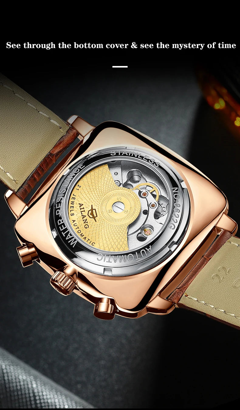 Ailang Men's automatic mechanical watch square case hollow waterproof luminous calendar multi-functional fashion wristwatch