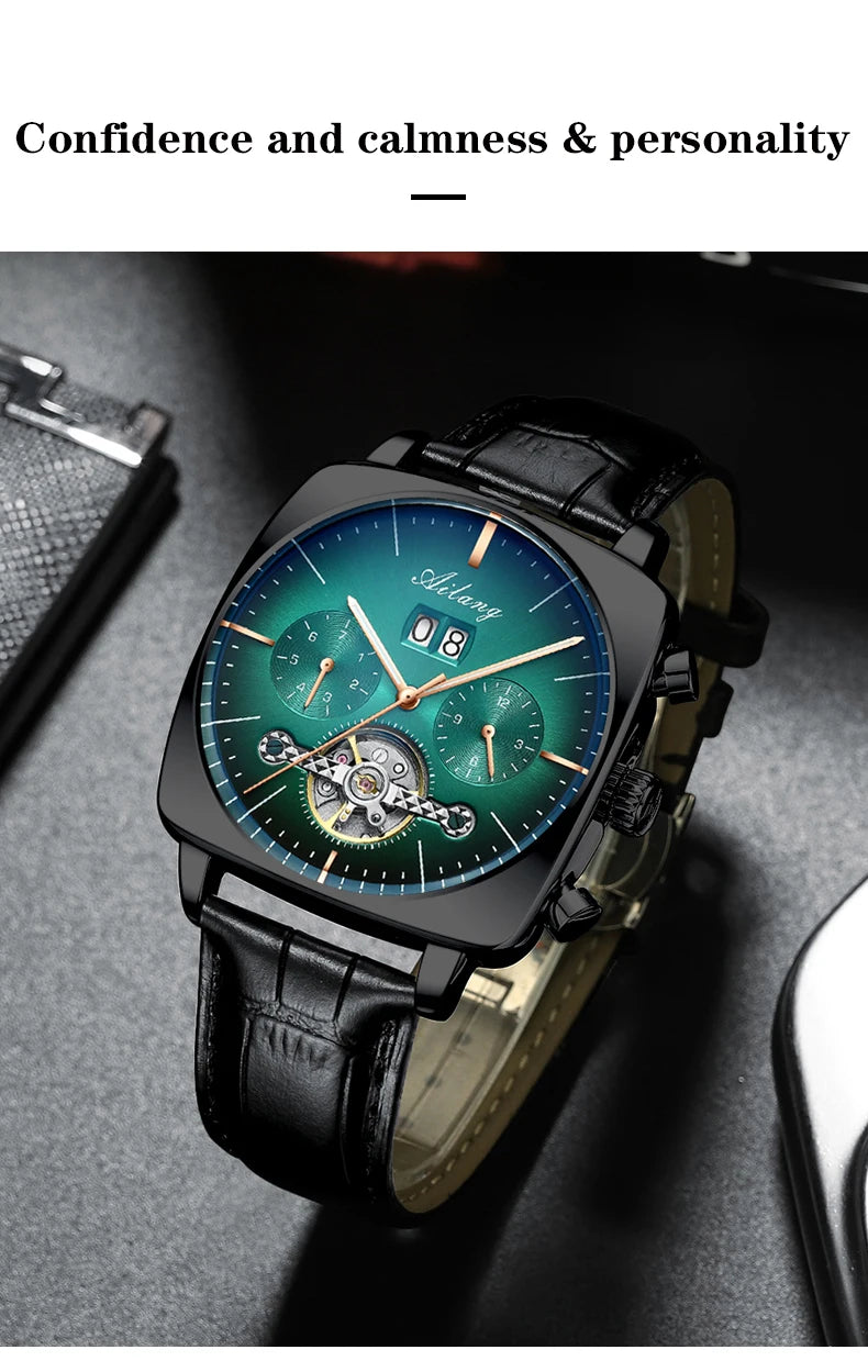 Ailang Men's automatic mechanical watch square case hollow waterproof luminous calendar multi-functional fashion wristwatch