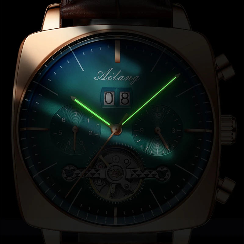 Ailang Men's automatic mechanical watch square case hollow waterproof luminous calendar multi-functional fashion wristwatch