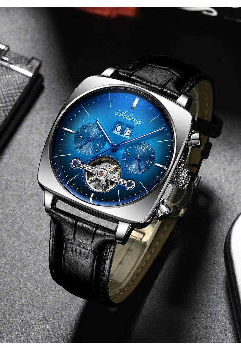 Ailang Men's automatic mechanical watch square case hollow waterproof luminous calendar multi-functional fashion wristwatch
