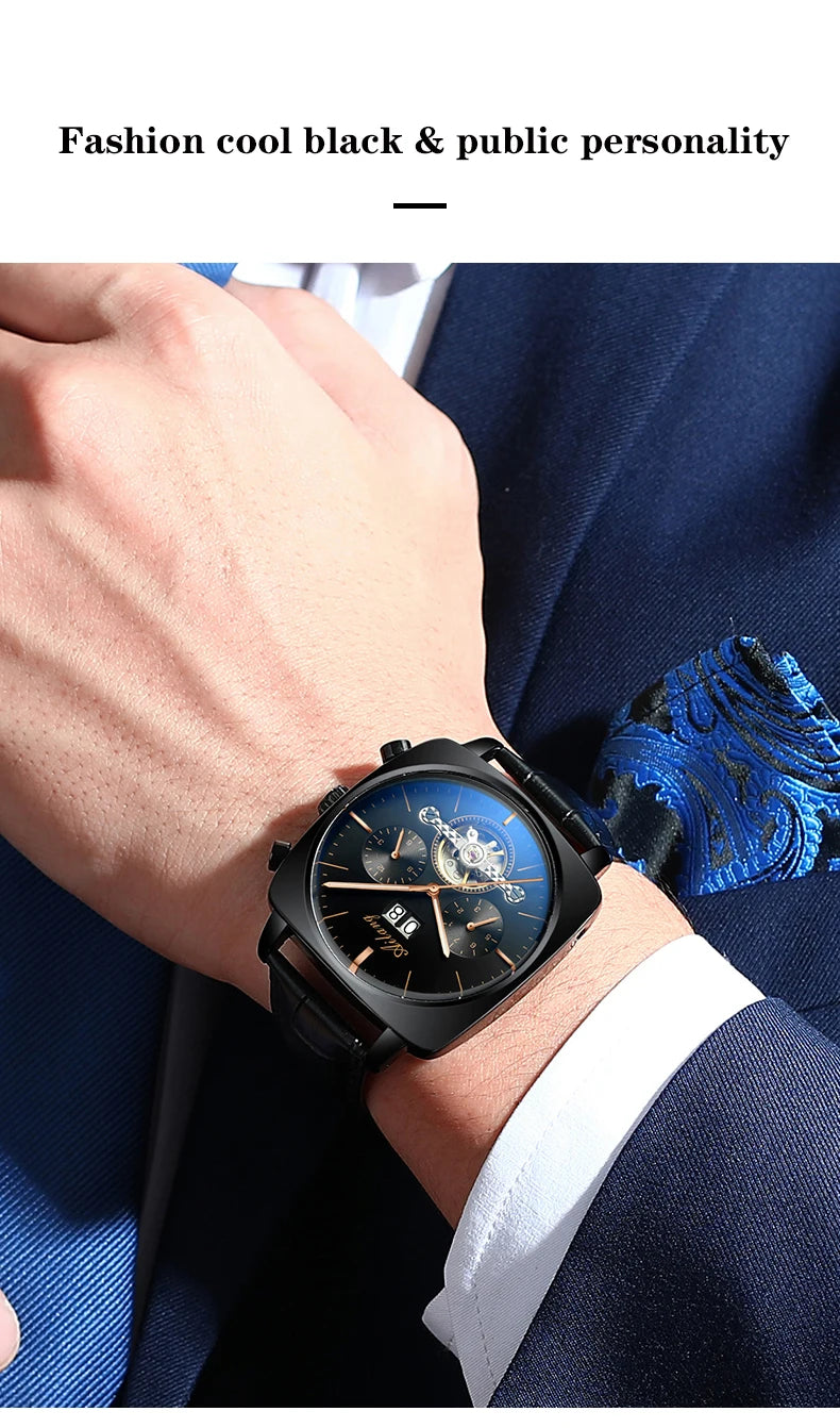 Ailang Men's automatic mechanical watch square case hollow waterproof luminous calendar multi-functional fashion wristwatch