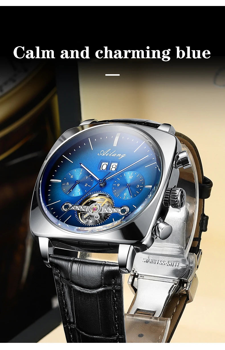 Ailang Men's automatic mechanical watch square case hollow waterproof luminous calendar multi-functional fashion wristwatch