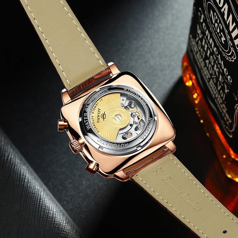 Ailang Men's automatic mechanical watch square case hollow waterproof luminous calendar multi-functional fashion wristwatch