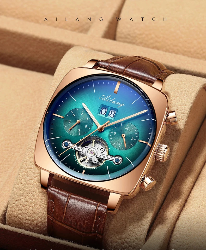 Ailang Men's automatic mechanical watch square case hollow waterproof luminous calendar multi-functional fashion wristwatch