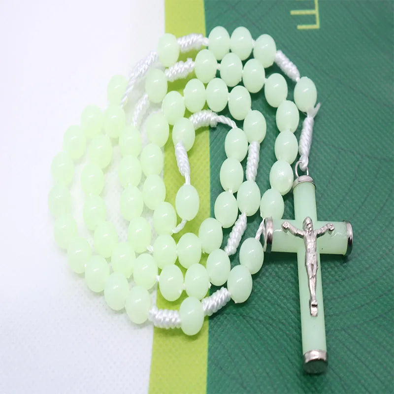 Classic 8mm braided rope rosary luminous necklace, Catholic holy cross prayer necklace, fashion woven rose necklace