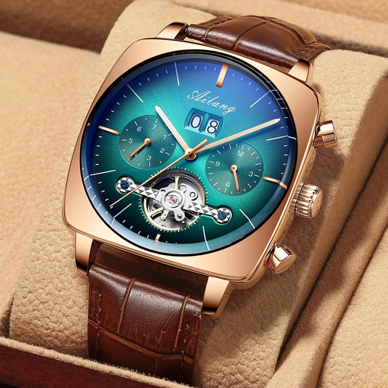 Ailang Men's automatic mechanical watch square case hollow waterproof luminous calendar multi-functional fashion wristwatch