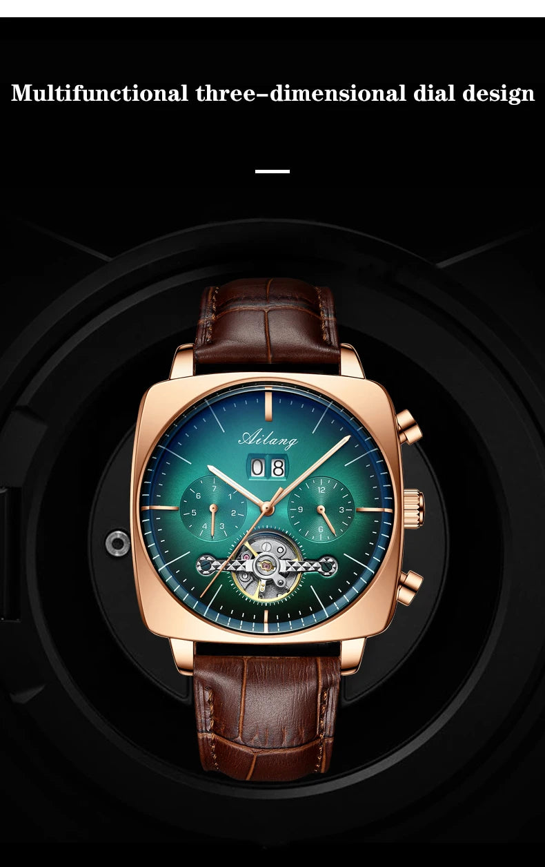 Ailang Men's automatic mechanical watch square case hollow waterproof luminous calendar multi-functional fashion wristwatch
