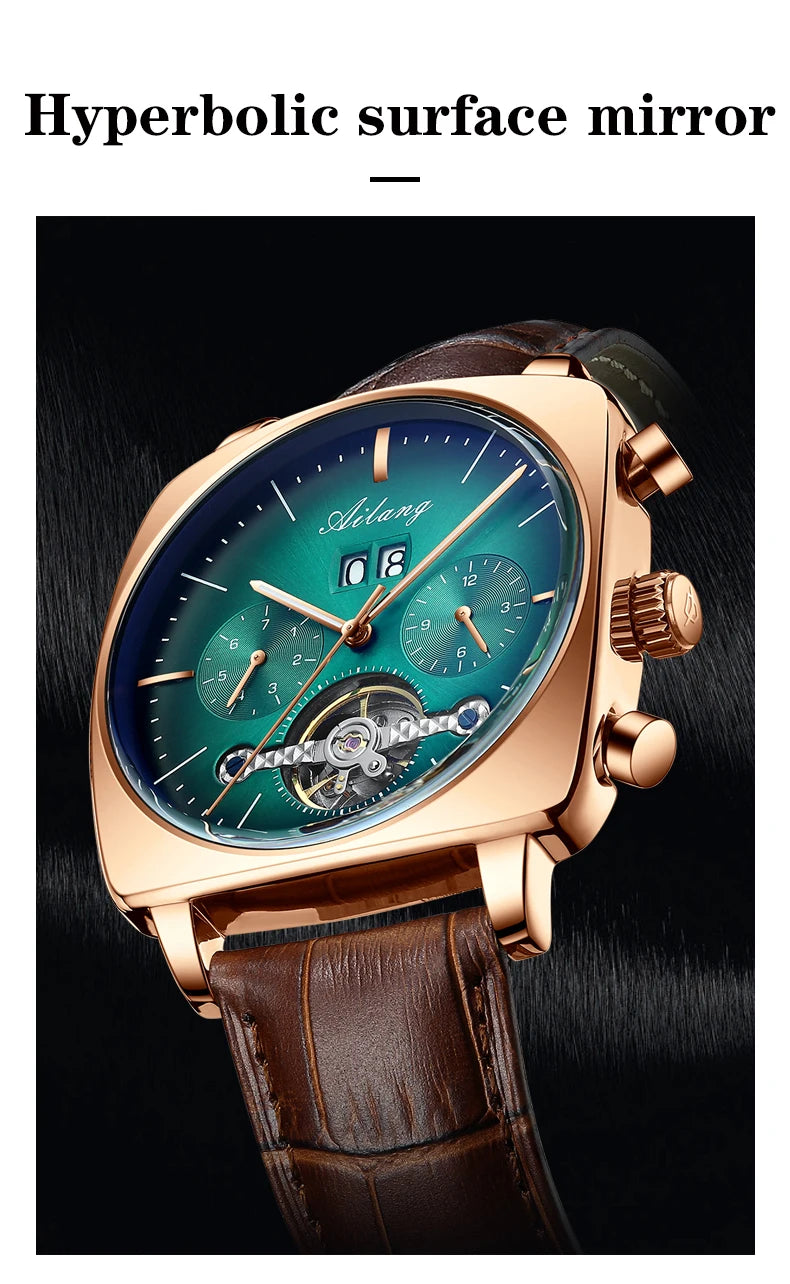 Ailang Men's automatic mechanical watch square case hollow waterproof luminous calendar multi-functional fashion wristwatch