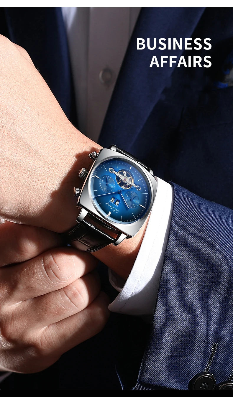 Ailang Men's automatic mechanical watch square case hollow waterproof luminous calendar multi-functional fashion wristwatch