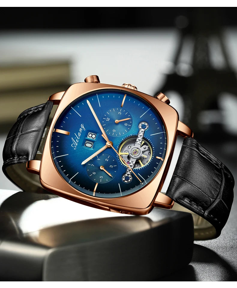 Ailang Men's automatic mechanical watch square case hollow waterproof luminous calendar multi-functional fashion wristwatch