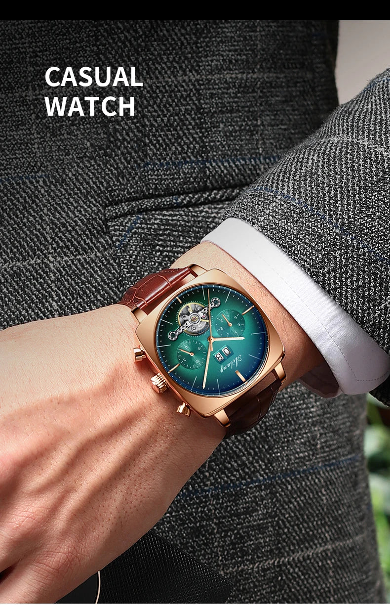 Ailang Men's automatic mechanical watch square case hollow waterproof luminous calendar multi-functional fashion wristwatch