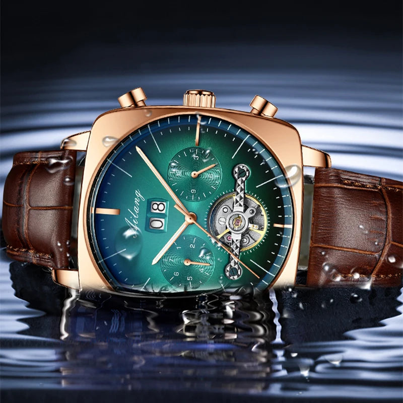 Ailang Men's automatic mechanical watch square case hollow waterproof luminous calendar multi-functional fashion wristwatch