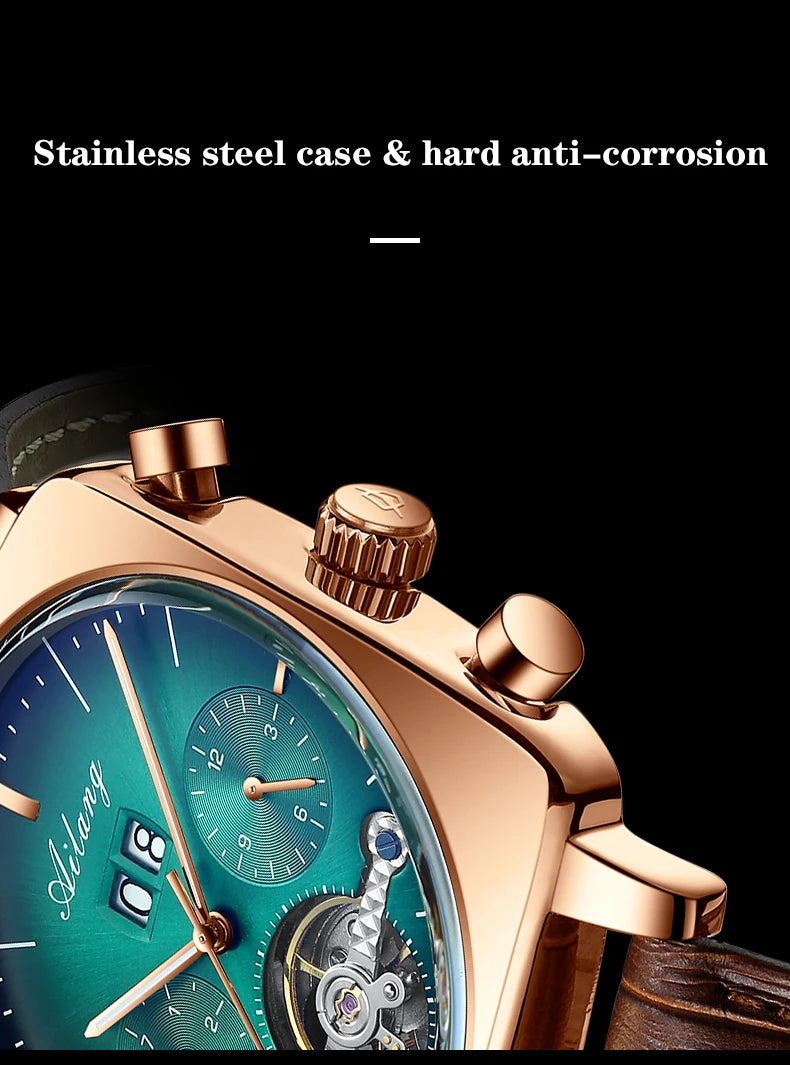 Ailang Men's automatic mechanical watch square case hollow waterproof luminous calendar multi-functional fashion wristwatch