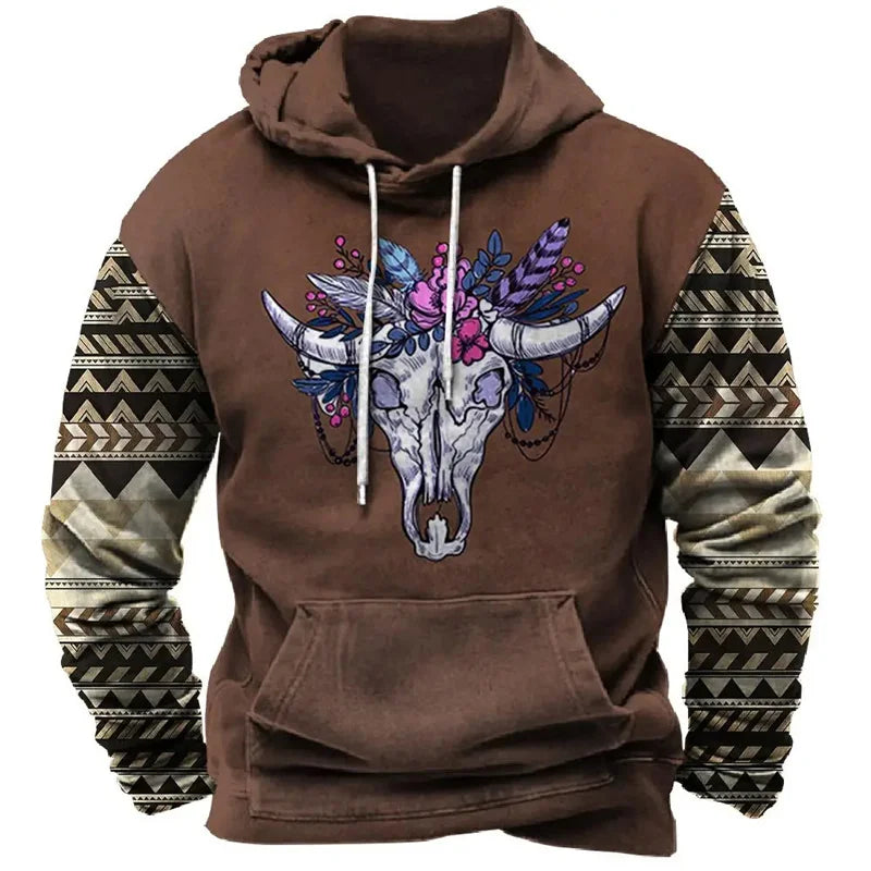 2026 Fall Vintage Print Hoodie Western Cowboy Hoodie Sweatshirt Everyday Casual Oversized Pullover Vintage Street Wear