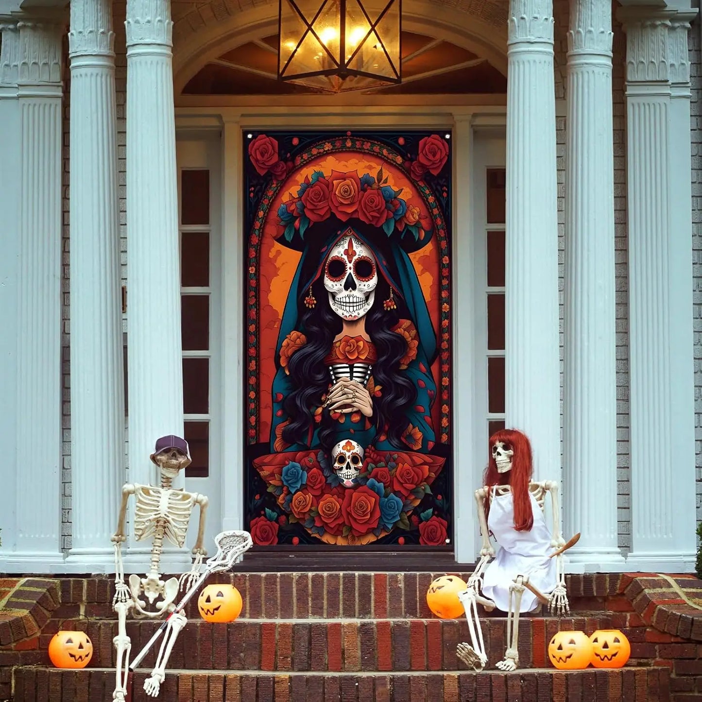 Day of The Dead Door Cover Dia De Los Muertos Backdrop Sugar Skull Rose Altar Mexican Fiesta Party Decorations and Supplies for