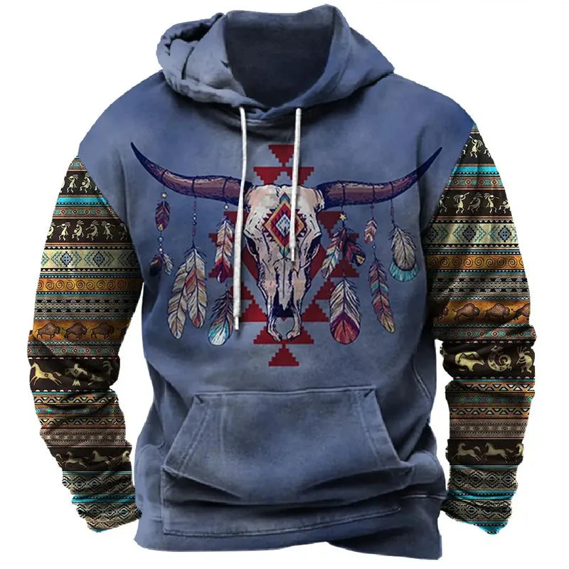 2026 Fall Vintage Print Hoodie Western Cowboy Hoodie Sweatshirt Everyday Casual Oversized Pullover Vintage Street Wear