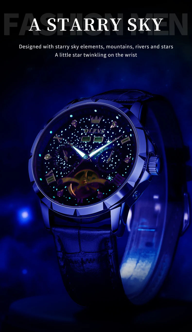 OLEVS 6690 Luxury Men Mechanical Watch Fully Automatic Watch Men's Brand Starry Sky Flywheel Moon Phase Hollow Men Formal Watch