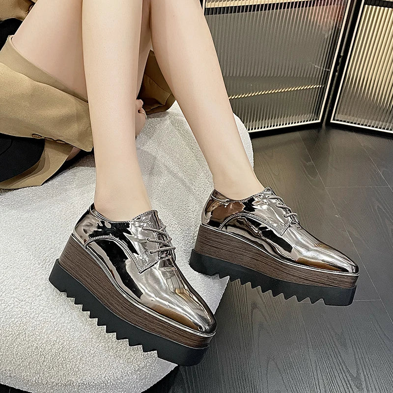 8cm Heeled Platform Wedge Shoes Fall High Heels Wedges Women Patent Leather Lace Up Square Toe Creepers Pumps Damen Luxus
