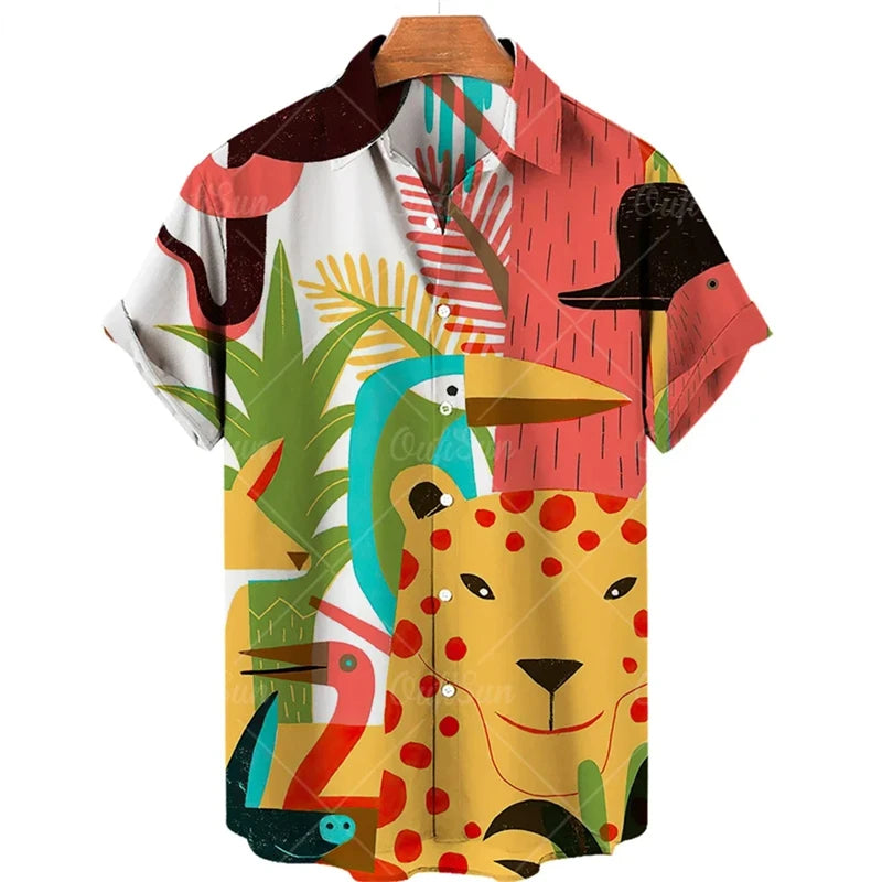 Hawaiian Animal Pattern Vintage Casual T-Shirt For Men 3D Print Leopard Tiger Short-sleeved Shirts Holiday Party Harajuku Tops