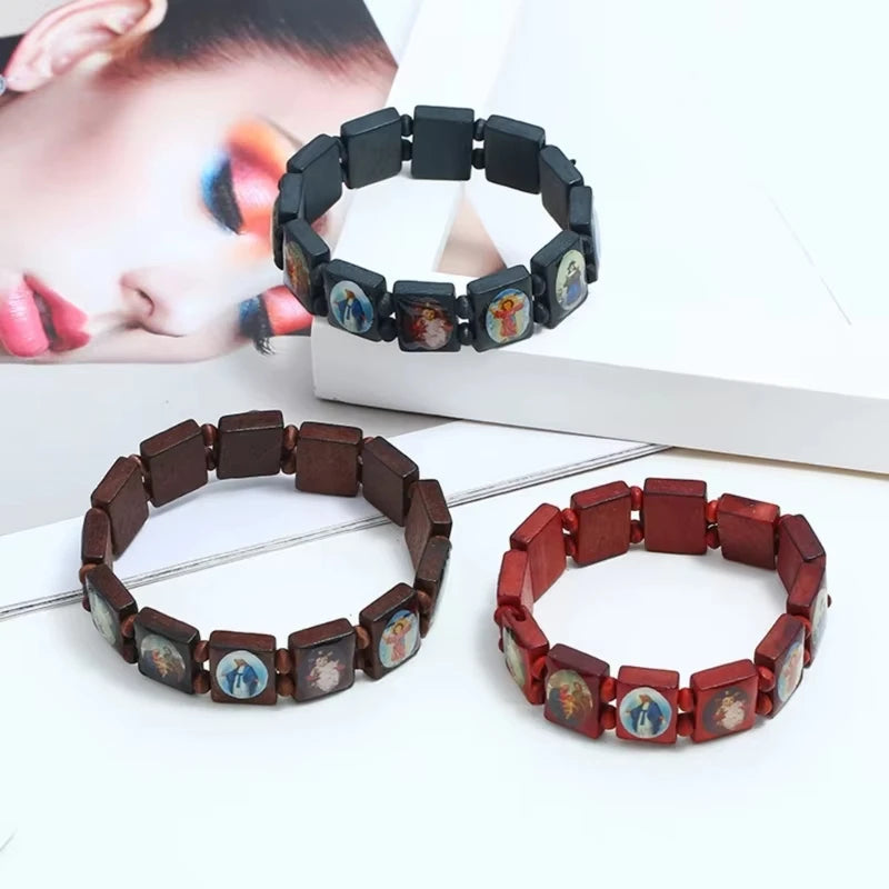 Saints Religion Rosary Wooden Bracelets Men Women Fashion Holy Icon JESUS Virgin Mary Catholic Jesus Beads Bracelet Jewelry Gift