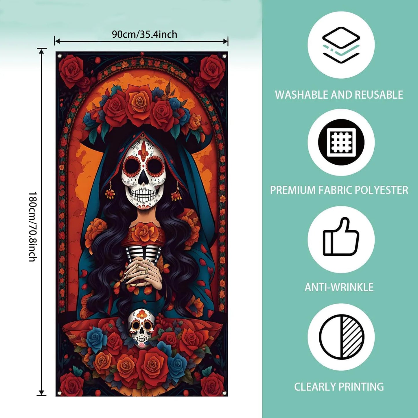 Day of The Dead Door Cover Dia De Los Muertos Backdrop Sugar Skull Rose Altar Mexican Fiesta Party Decorations and Supplies for