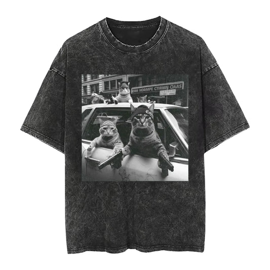 Vintage Style Graphic Tee Funny Cat Gang T-shirt for Men Women Y2k Prue Cotton Goth Breathable Oversize Unseix Tee Top
