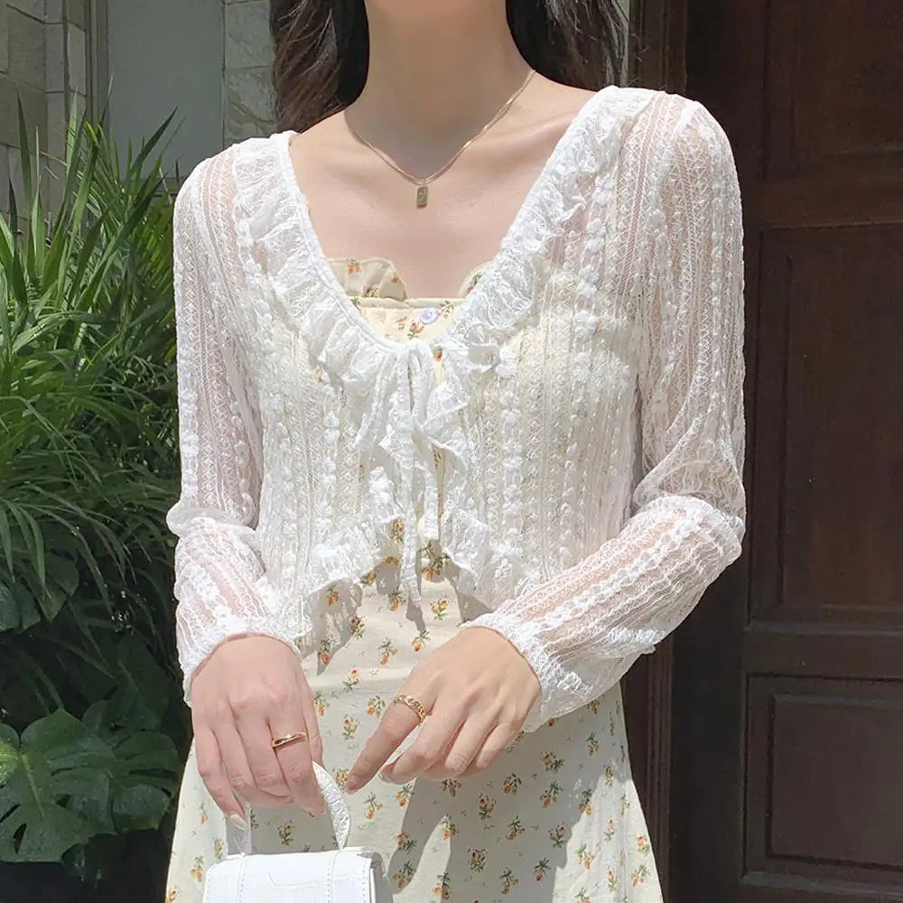 New Lace Ruffle Summer Sexy Long Sleeve Tops Girl's Sun Protection Clothing Women Crop Tops Lace Bow Ruffle Shirt Tops For Woman