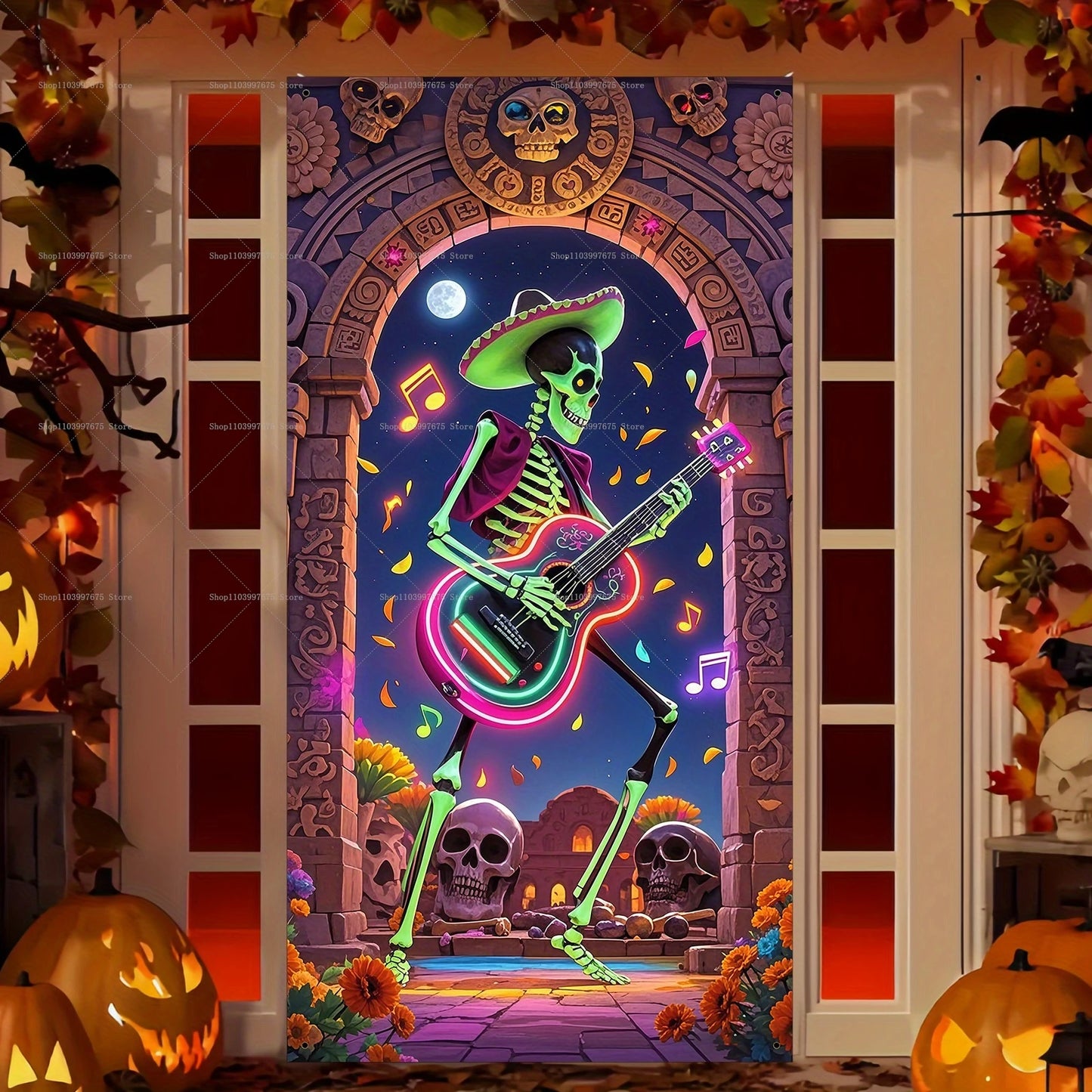 Day of The Dead Sugar Skull Flowers Backdrop Dia De Los Muertos Mexican Fiesta Door Banner for Indoor Outdoor Background Decor