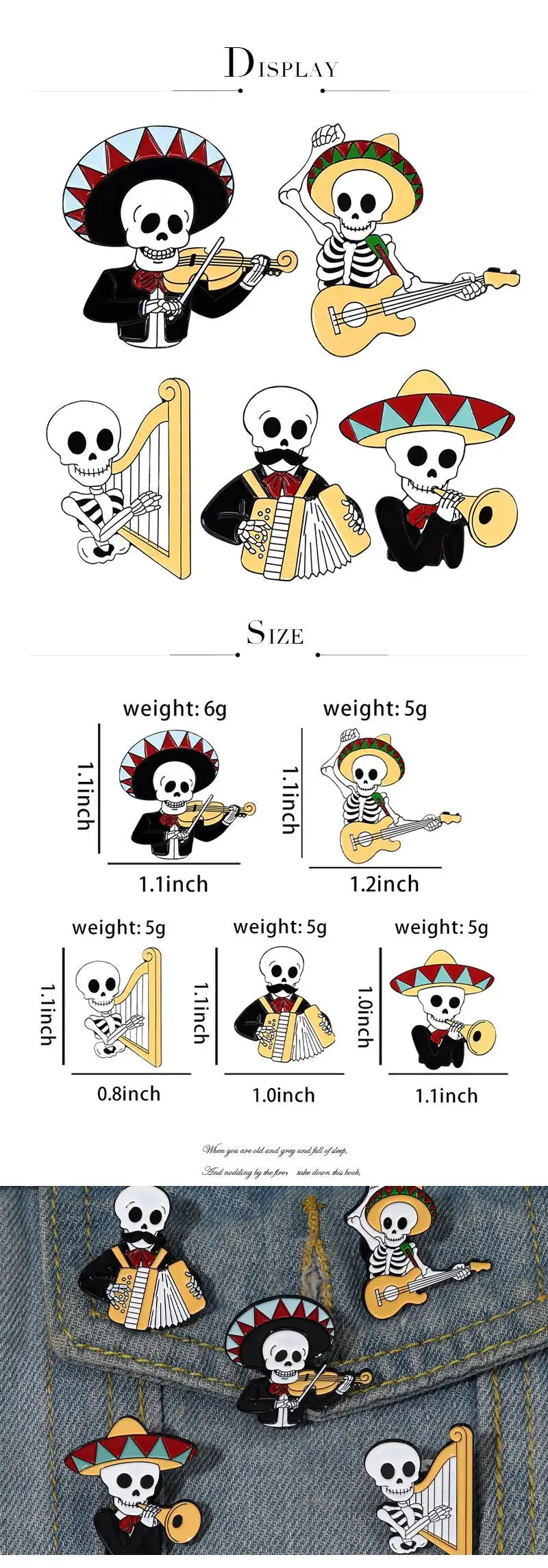 Mexican Concert Enamel Pins Custom Accordion Violin Harp Brooches Lapel Badges Gothic Performers Jewelry Gift for Friends